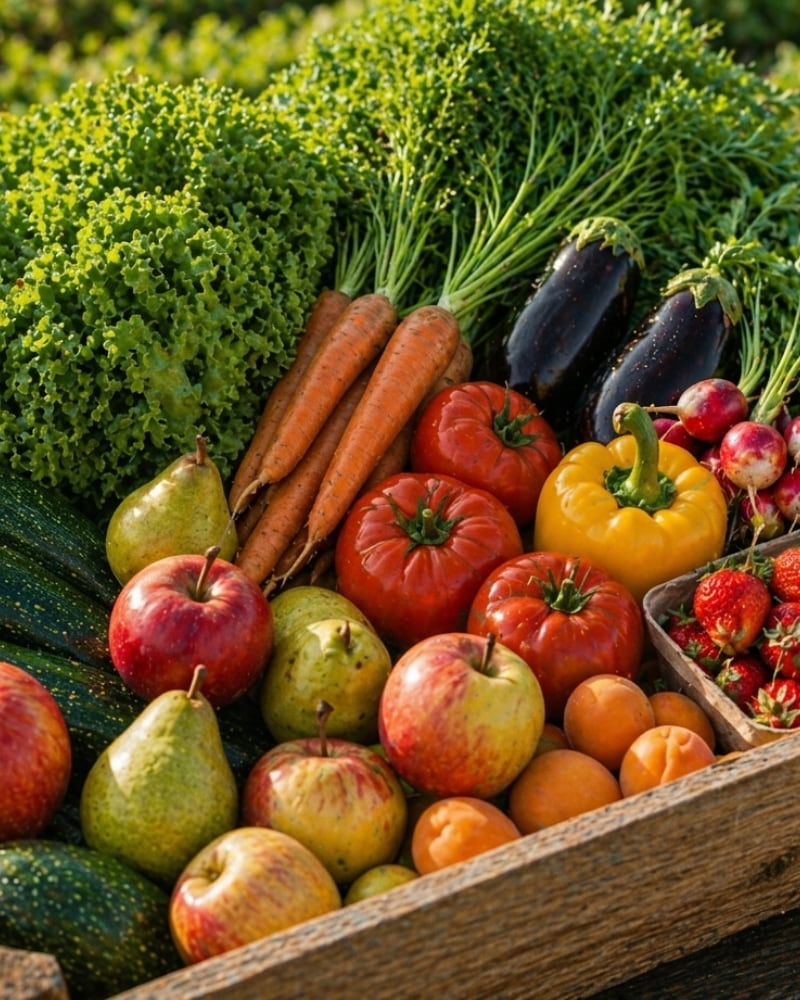 Panier rempli de fruits et légumes locaux de saison