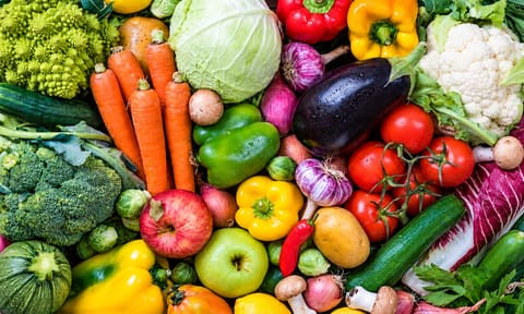 Panier Mix : fruits et légumes de saison vus de dessus